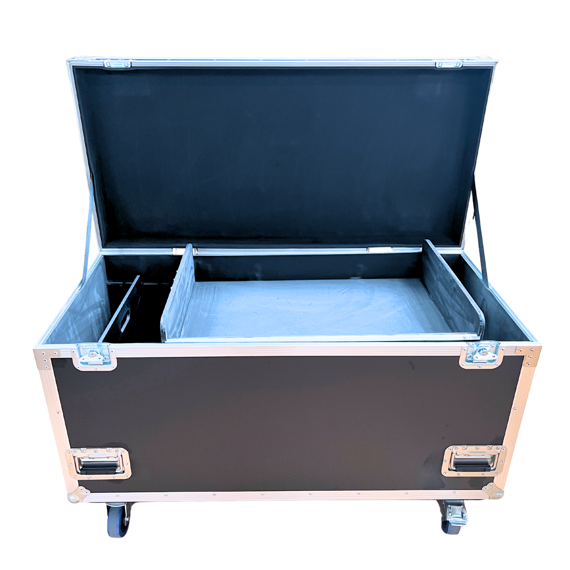 Large Cable Packer 1200mmL x 582mmD x 760mmH OD - Black; Multiple Position Slide-in Dividers 375mmH; Lift-out Tray 760mmL x 527mmD x 150mmH OD - lid open