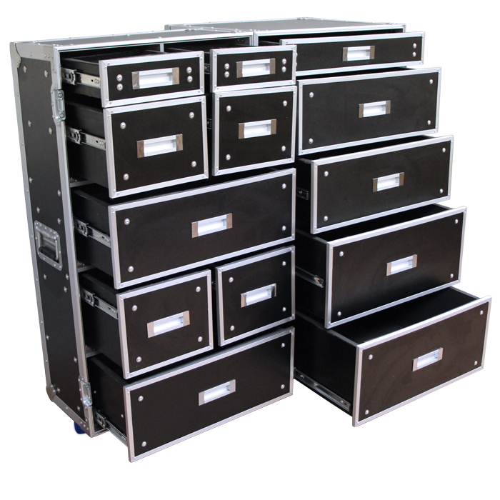 Tall Folding Drawers Road Case with 13 Drawers - Black