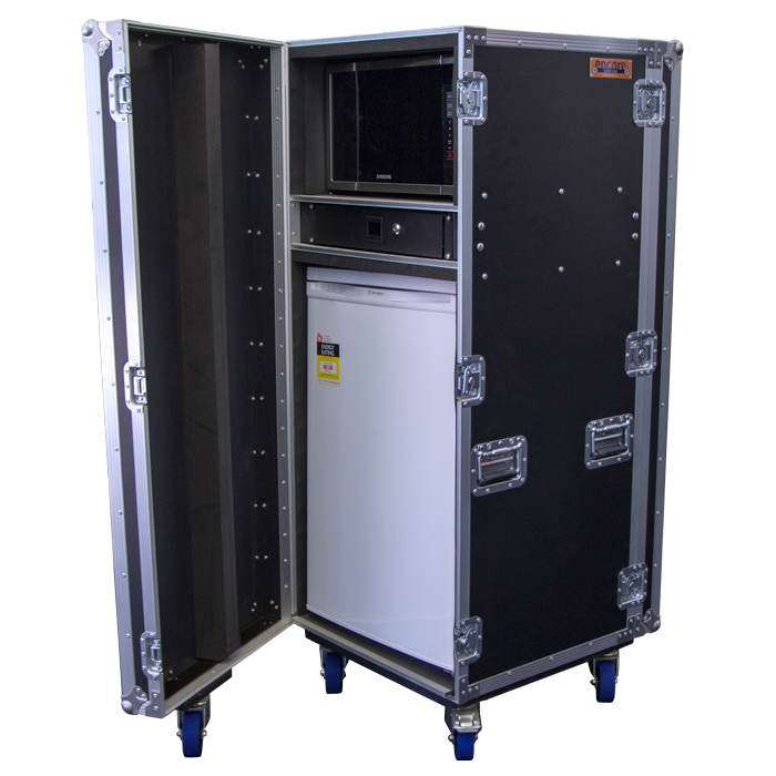 Mobile Bar Fridge & Microwave Oven Road Case with Detachable Side Bench - Black