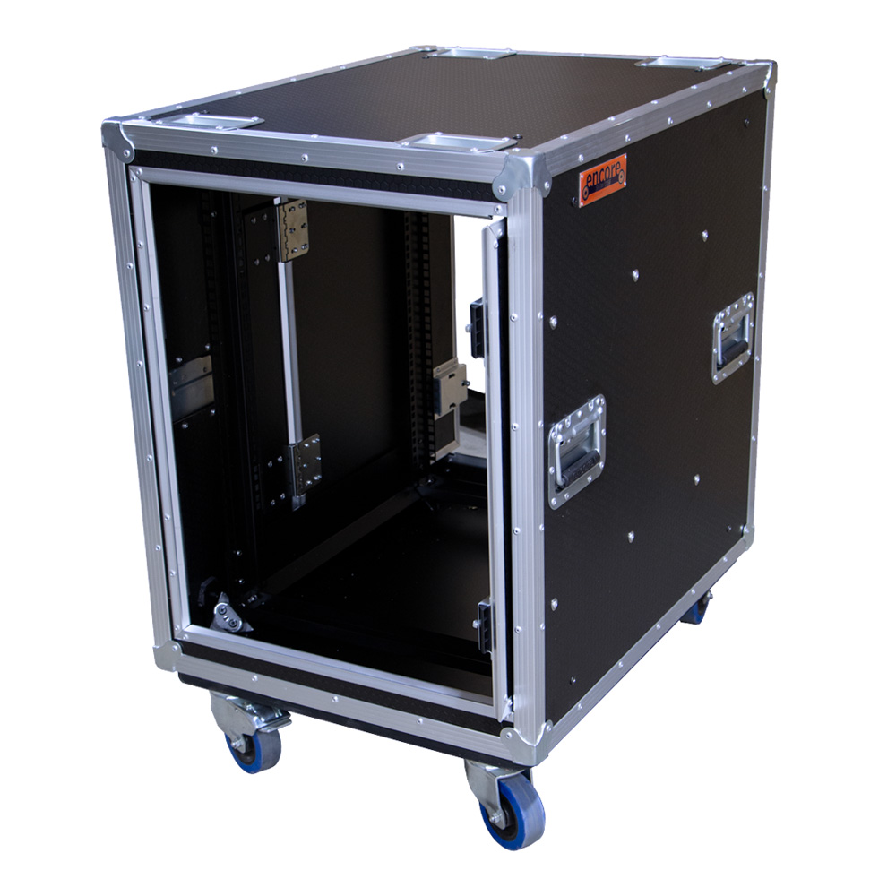 14RU Anti-Vibration 19" Rack Mount Case with Slide-Away Doors & Castors; 790mmD - Black