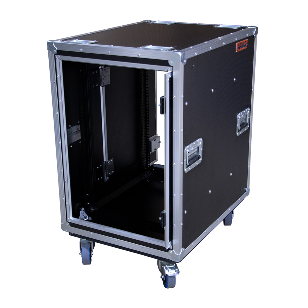 16RU Anti-Vibration 19" Rack Mount Case with Slide-Away Doors & Castors; 790mmD - Black