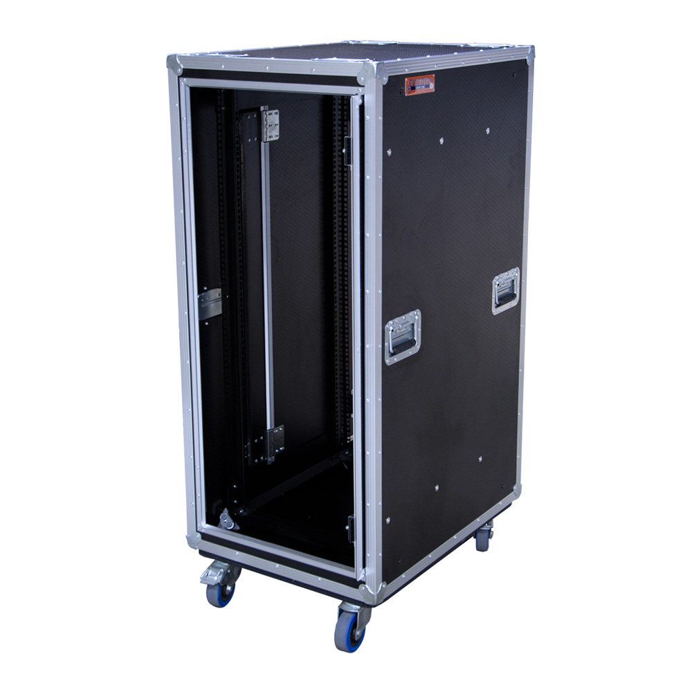 26RU Anti-Vibration 19" Rack Mount Case with Slide-Away Doors & Castors; 790mmD - Black